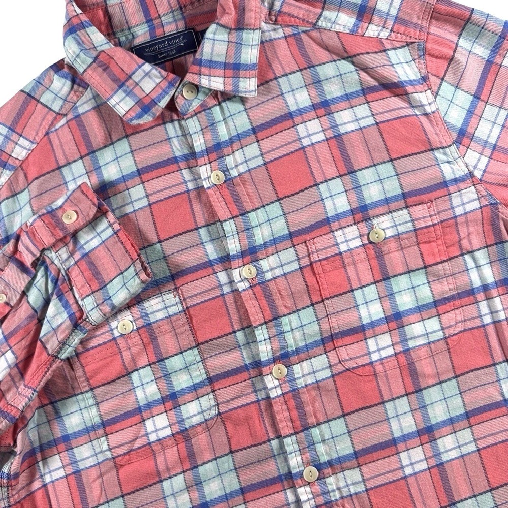 Vineyard Vines Plaid Button Up Shirt‎ Mens Medium Pink Blue Cotton Linen Blend
